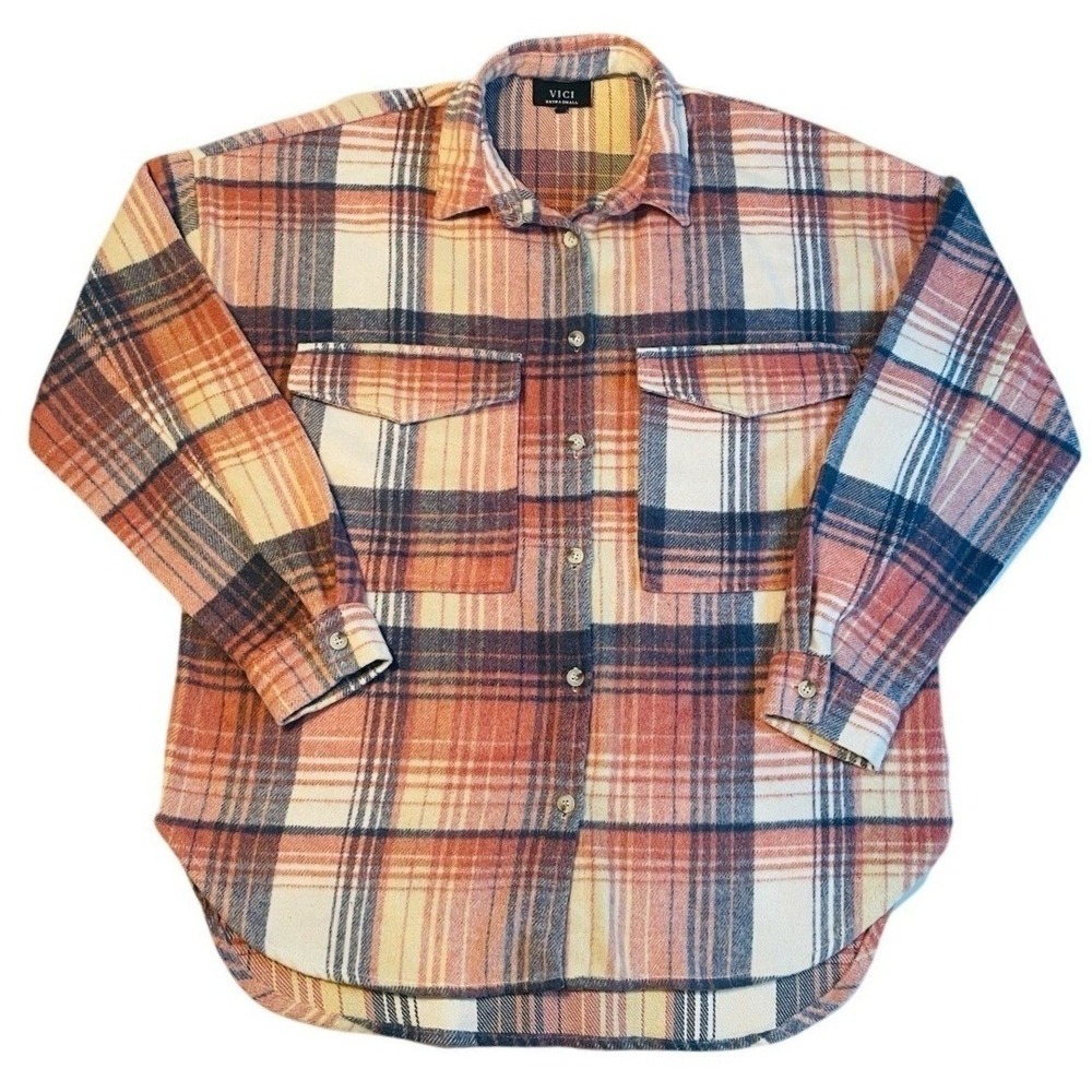 VICI Plaid Shacket Womens XS Oversized Wool Blend Button Front Shirt Jacket Fall